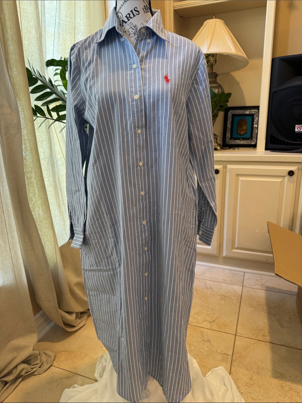 Ralph Lauren Blue and White Striped Shirt Dress with Tie Waist
